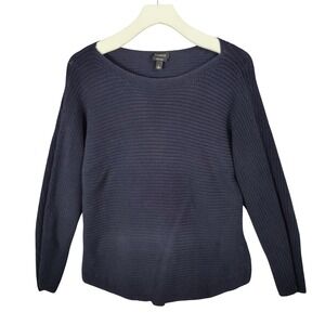 Talbots Navy Blue 100% Pima Cotton Boat Neck Chunky Knit Sweater Large Comfort